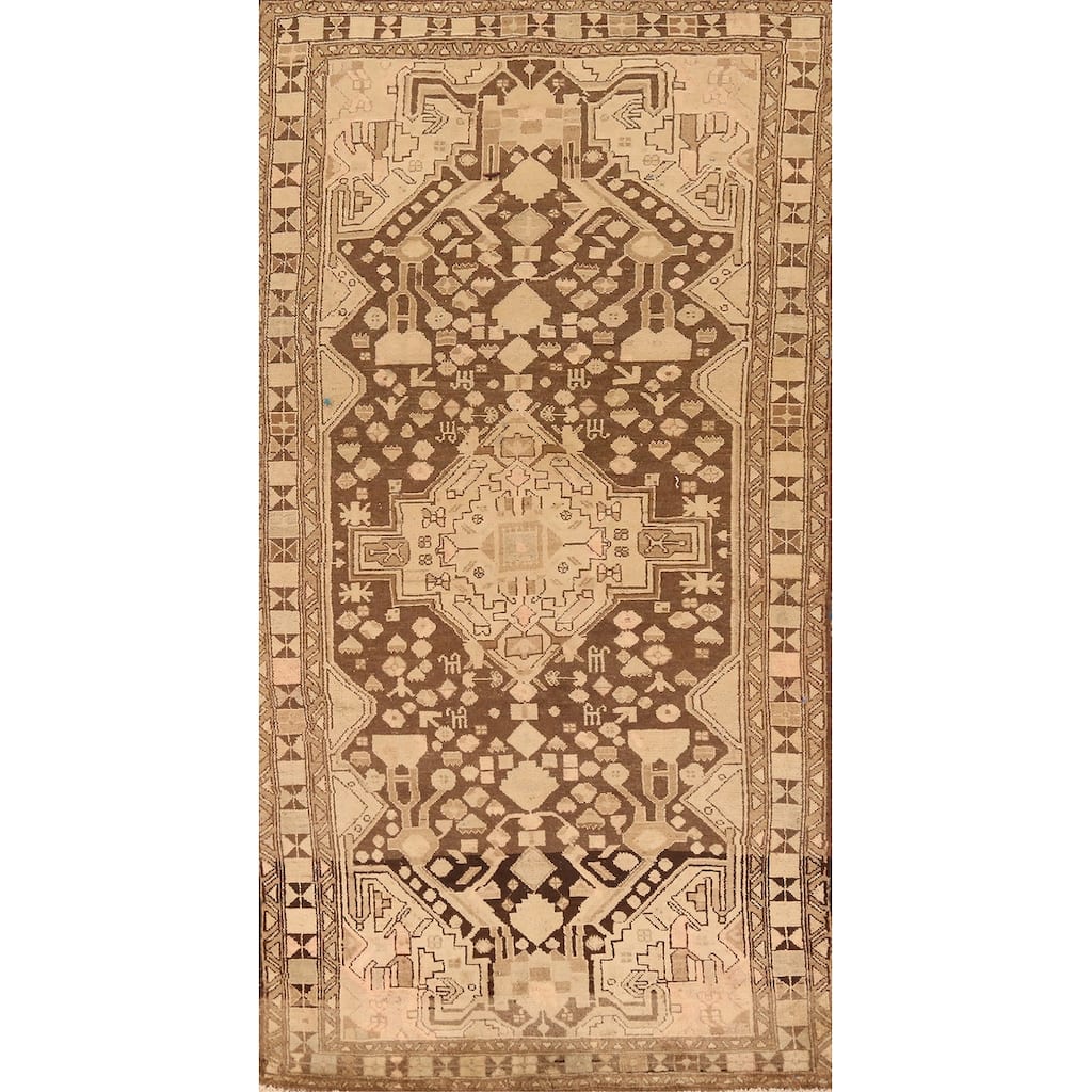 Hand Knotted Oriental 100% Wool Carpet Traditional Tribal Brown Hamedan Runner Rug - 9' 8'' X 4' 0''