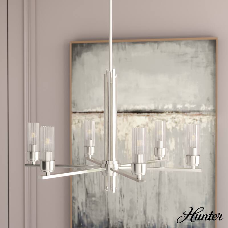 Hunter Gatz Ribbed Glass Chandelier - Dining Room, Kitchen Island, Entry - Glam, Contemporary, Transitional - 28" 6 Light - Brushed Nickel