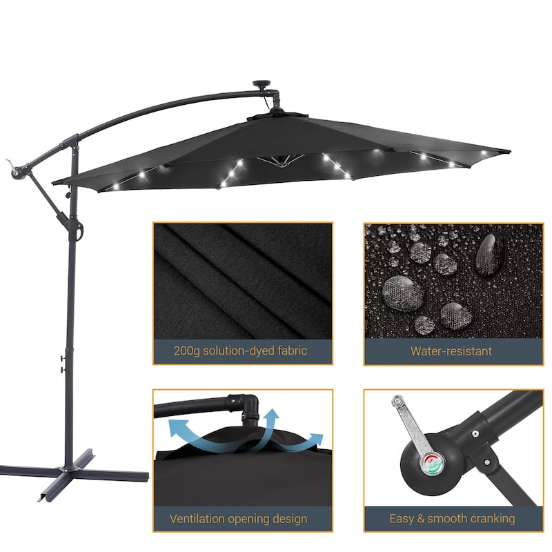10Ft LED Patio Offset Umbrella Hanging Circle Umbrellas,w/Cross Base