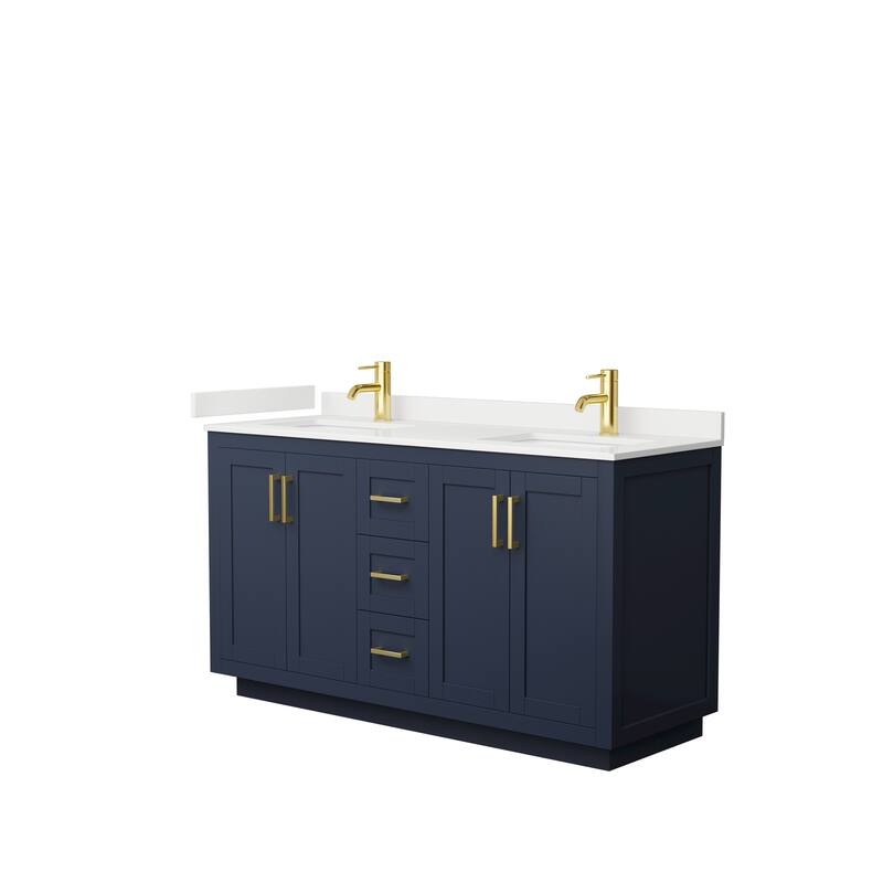Miranda 60-inch Double Vanity, Quartz Top - Dark Blue, Gold Trim, White Quartz Top