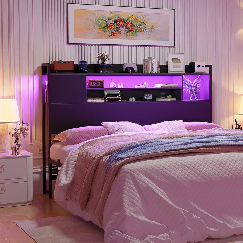 Storage Headboards with Power Outlet and LED Light, Head board with Storage Shelves for Bed Frame