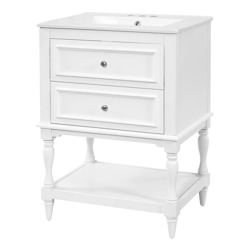 24" Bathroom Vanity with Ceramic Sink, Bathroom Storage Cabinet with Open Shelf, Retro Design Bathroom Cabinet with 2 Drawers