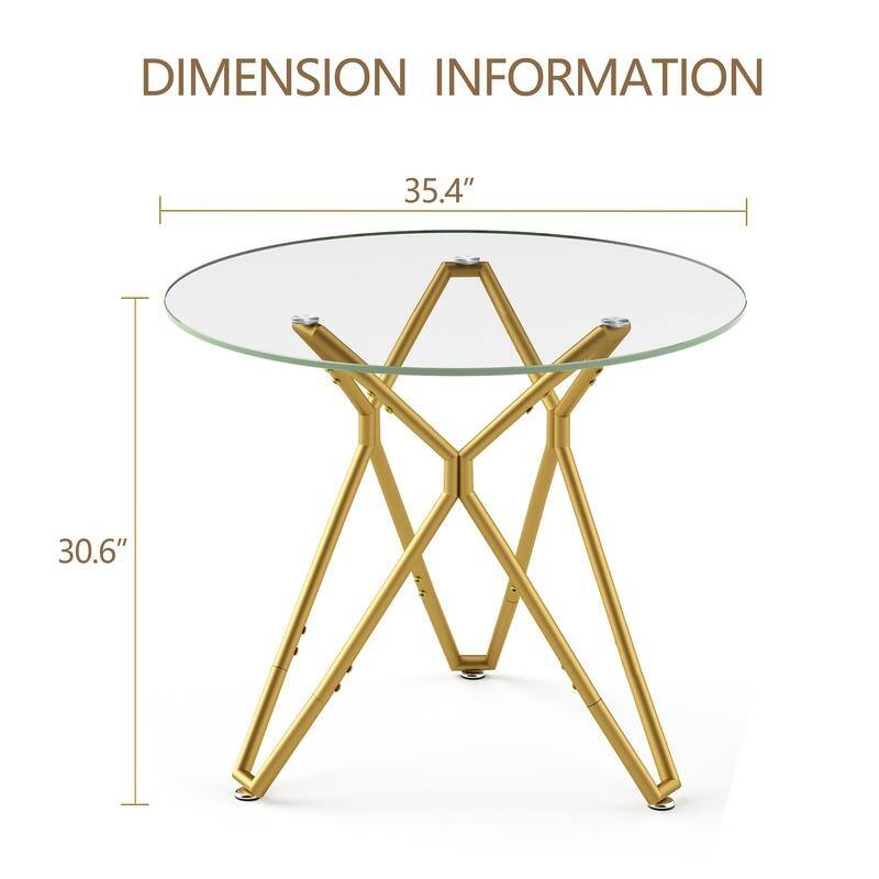 Gold Modern Tempered Glass Dining Table with Metal Legs for Kitchen, Living Room