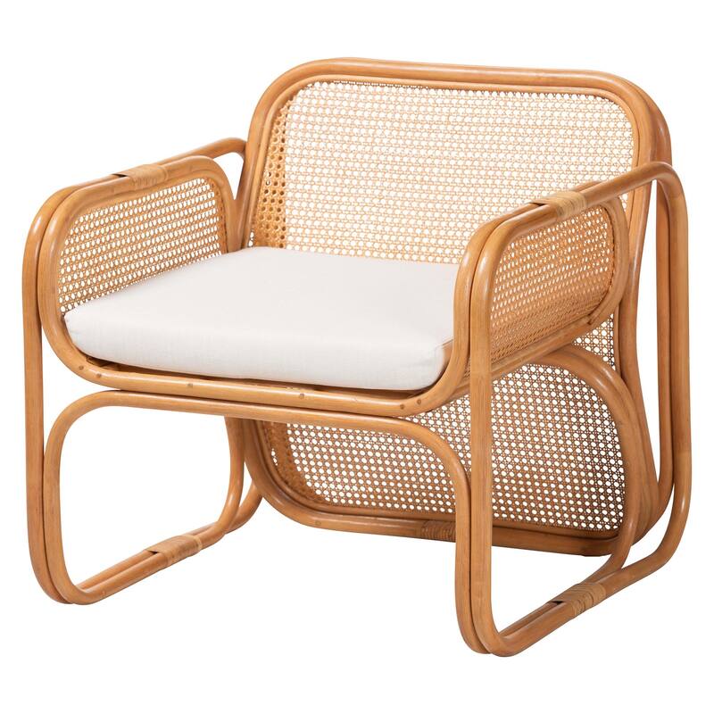 Cambridge Natural Rattan Armchair - Handcrafted with Cushion, Rounded Frame with Cane Woven Panels, for Living Room or Sunroom - Light Honey