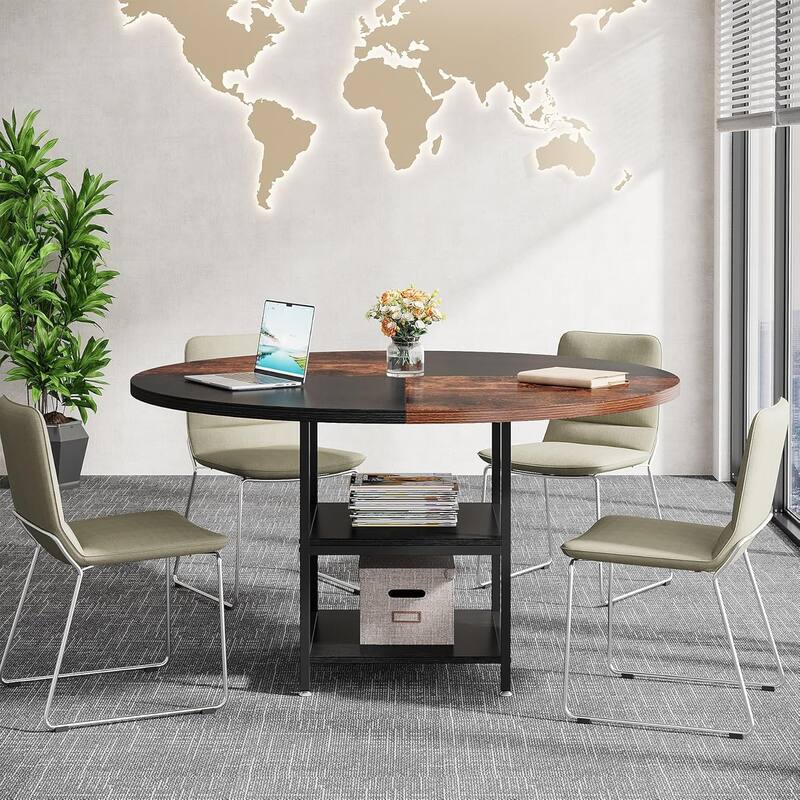 47-Inch Round Wood Conference Table with Storage Shelf Office Training Desk for Conference/Seminar Room