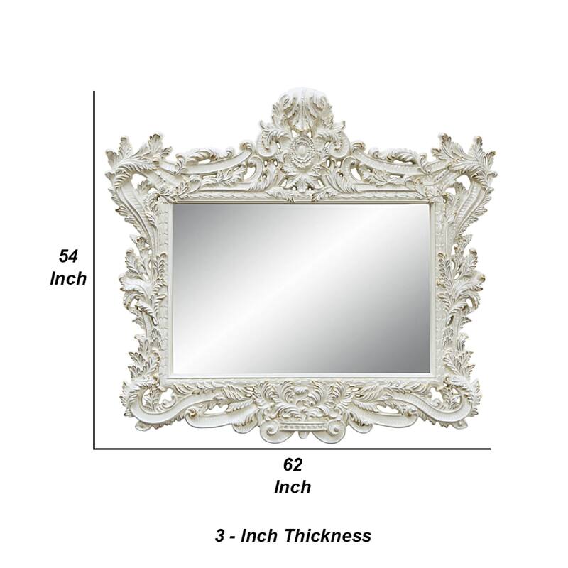 Rox 62 Inch Classic Ornate Carved Mirror, Crowned Top Frame, Wood, White