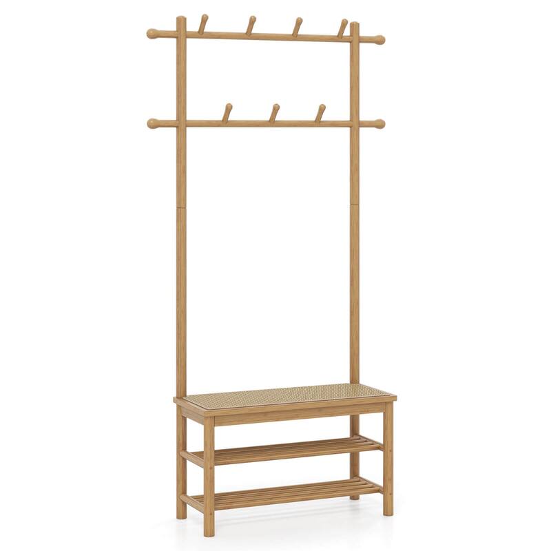 Costway Bamboo Coat Rack with Bench Shoe Storage 2 Hanging Rods 11 - See Details
