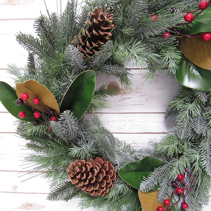Artificial Mixed Berry Pine Cone Magnolia Leaf & Pine Christmas Wreath 24in - 24" L x 24" W x 5.5" DP