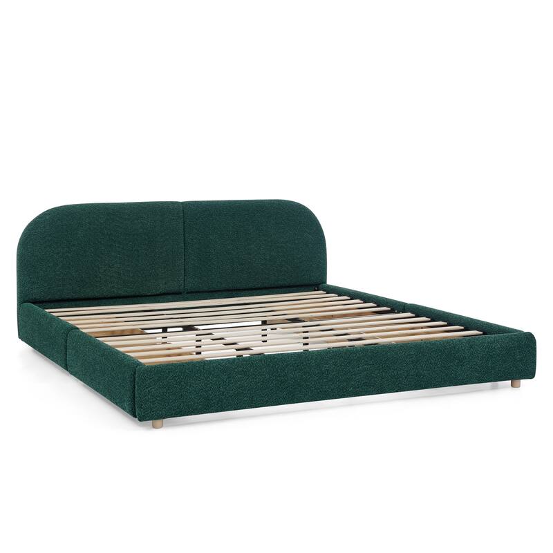 King Size Upholstered Bed Frame Modern Minimalist Style - Circle Yarn Fabric, Tall Curved Headboard