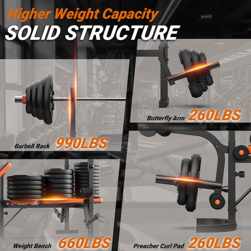 Adjustable Weight Bench Bench Press with Squat Rack for Home Gym - 68"D x 51"W x 52"H