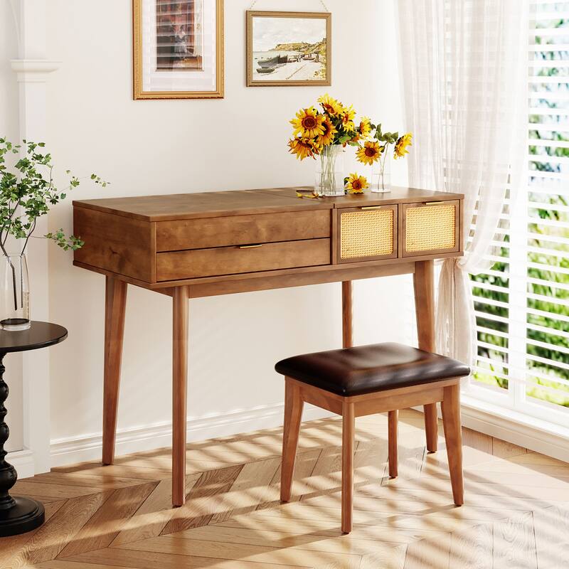 Brown Makeup Vanity Desk Set with Flip-top Mirror & Drawers, Wood Writing Desk Dressing Table and Upholstered Stool Set