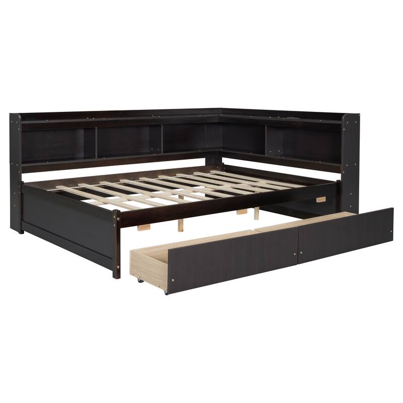 Corner Daybed Bookcases Bed with Power Outlets and Charging Ports, L-Shaped Storage Bed Frame Captains Bed with 2 Drawers