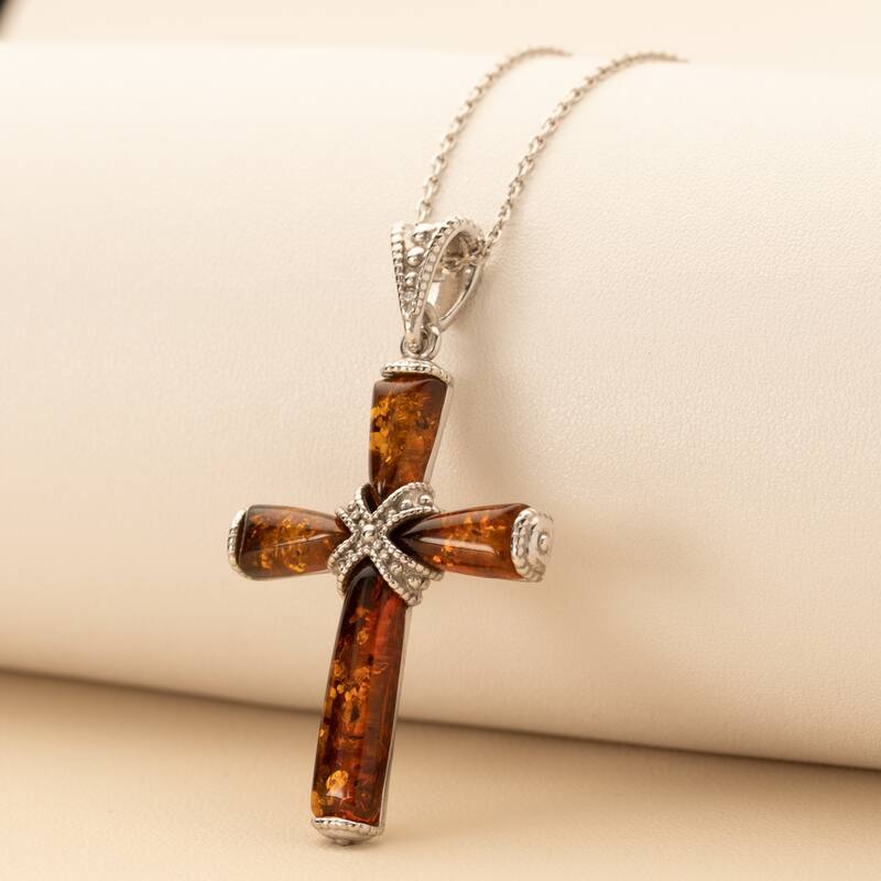 Amber Cross Pendant in Sterling Silver