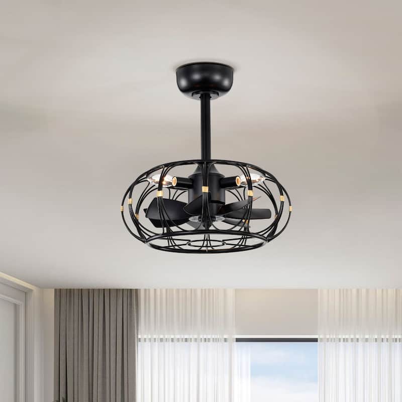 Eoin Black with Gold Accents Caged Lighted Ceiling Fan Fandelier 7-Blade Remote Control - Black-Gold