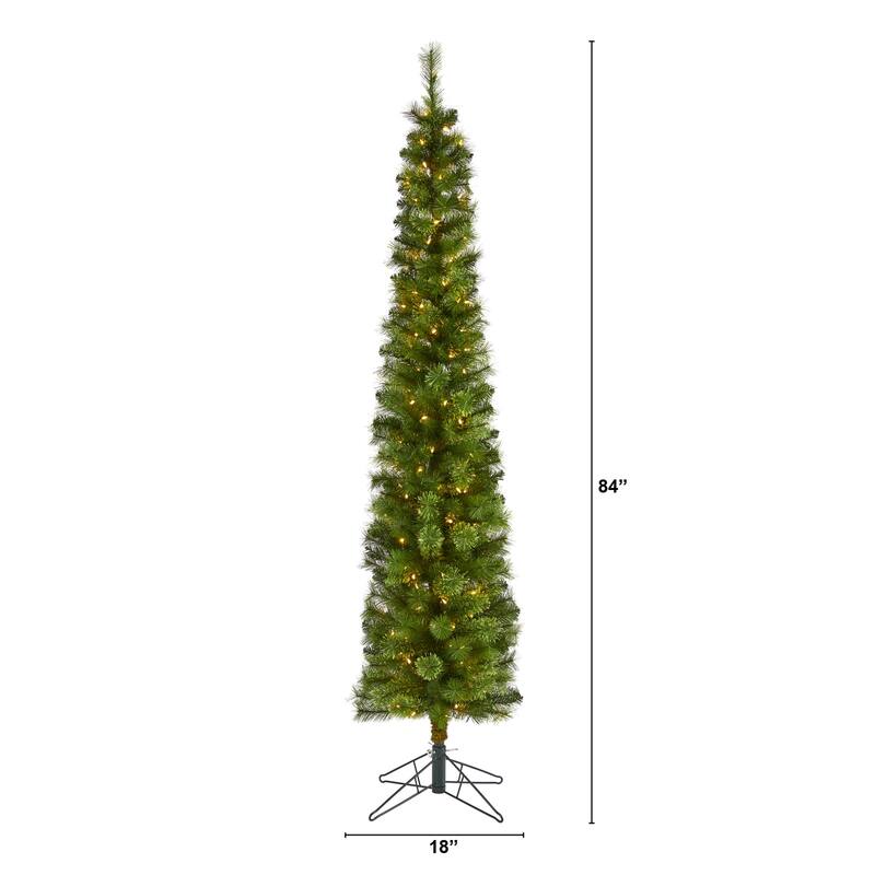 7ft. Green Pencil Artificial Christmas Tree with 150 Clear Multifunction LED Lights and 338 Branches - Stylish Slim X-Mas Tree