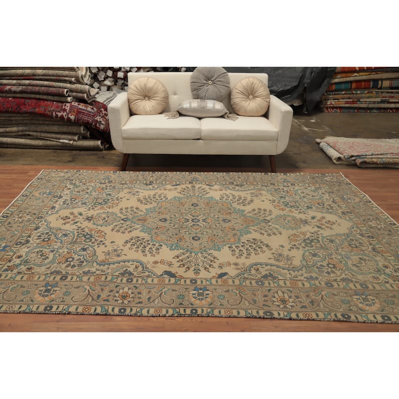 Hand Knotted Oriental 100% Wool Carpet Traditional Floral Beige & Ivories Tabriz Area Rug - 9' 3'' X 6' 2''