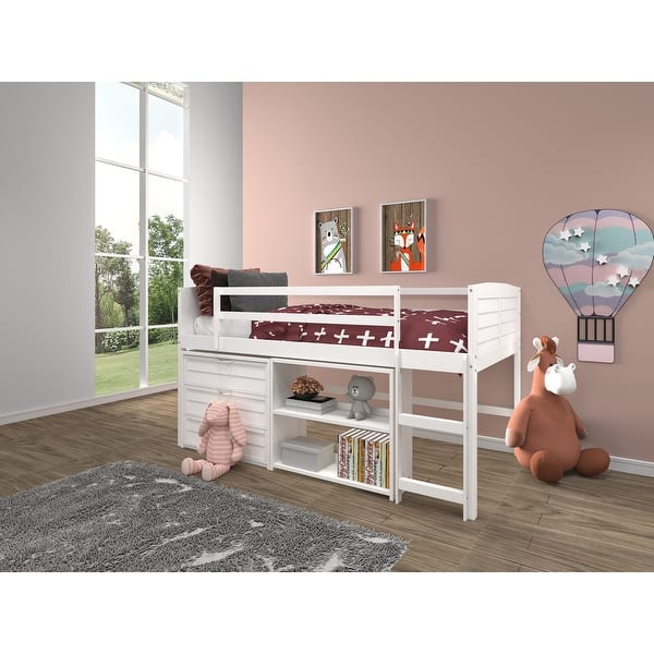 slide 2 of 14, Donco Kids Twin Louver Low Loft in White with Optional Case Goods 3 Drawer Chest and Bookcase