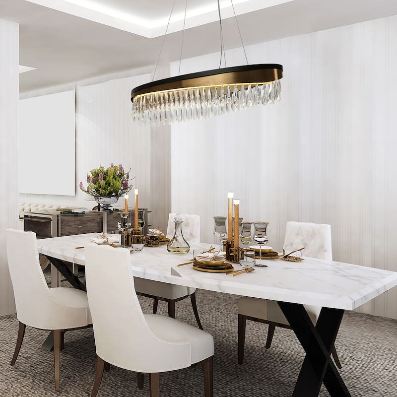 Modern 1-Light LED Crystal Chandelier Black Gold Linear Island Lights for Dining Room - D31.5" x H6"