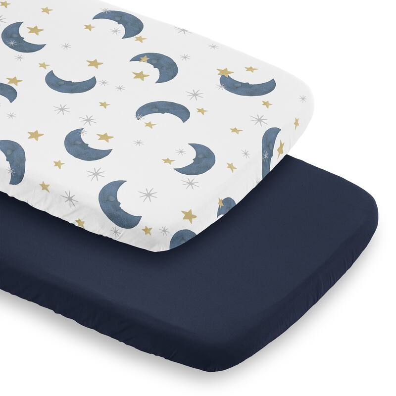 Sweet Jojo Designs Moon & Star Boy, Girl, Unisex/Gender Neutral 2 Pack Baby Bassinet Fitted Sheets - Solid Blue & Celestial, Sky