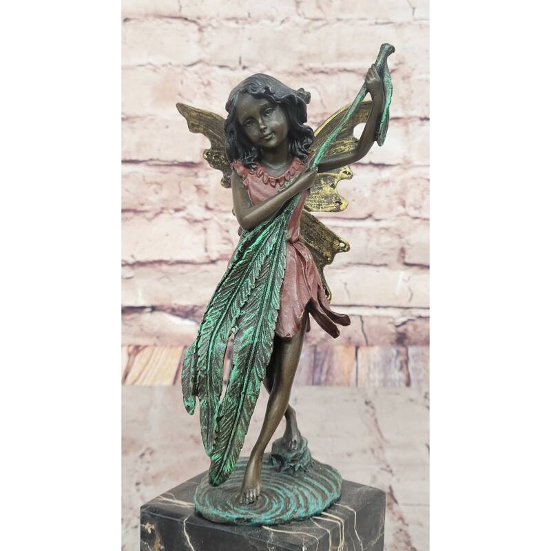Bronze Fairy Holding Leaf Marble Base Signed By Artist Milo Mythical Figurine