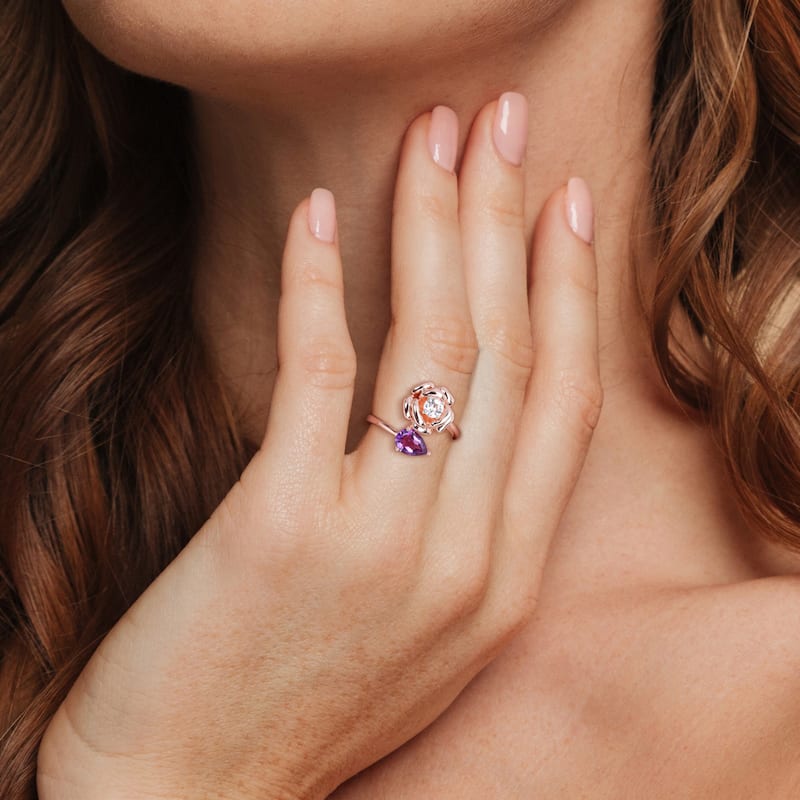 Miadora 1ct TGW Pear African Amethyst and White Topaz 2-Stone Rose Ring in Rose Silver