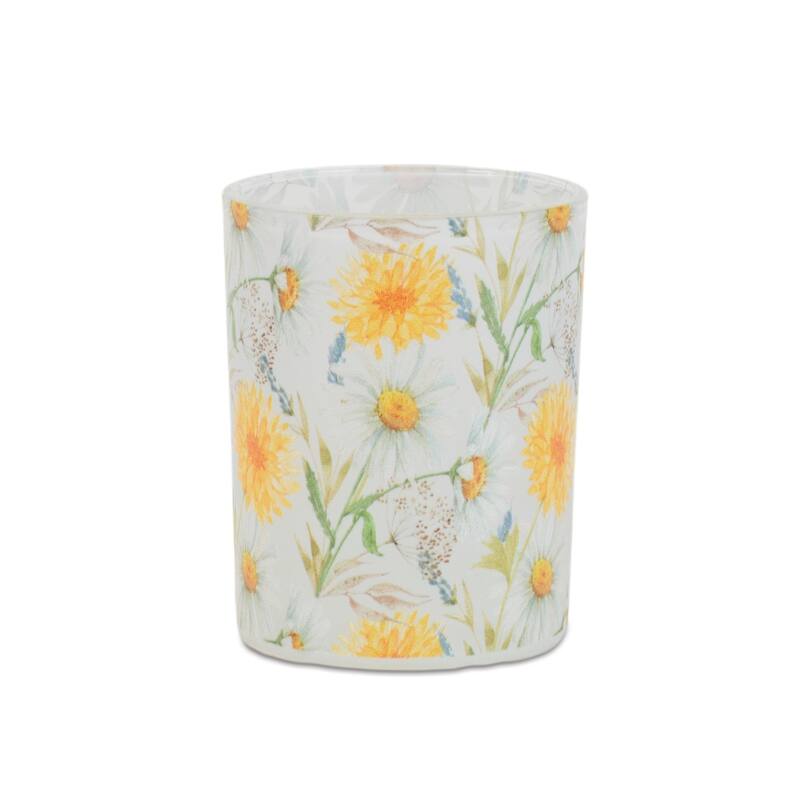 Frosted Glass Floral Candle Holders - 7" - Yellow and Green - Set of 2