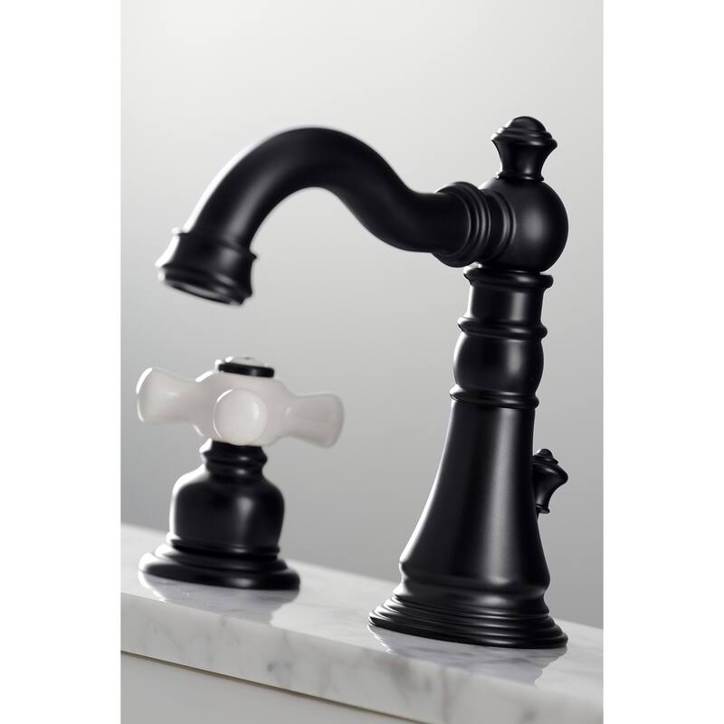 Kingston Brass American Classic Two-Handle 3-Hole Deck Mount Widespread Bathroom Faucet with Pop-Up Drain