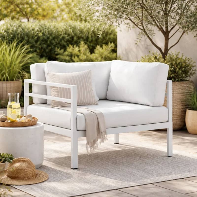 Cilo 34 Inch Outdoor Armchair, White Aluminum, Water Resistant Cushions