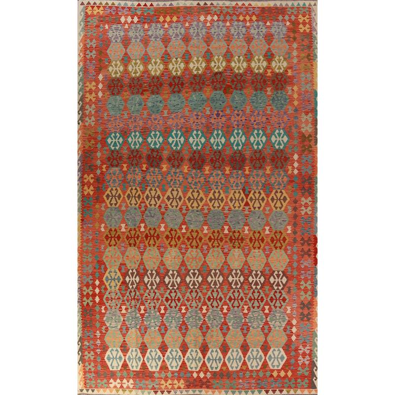 Geometric Kilim Large Rug Flatweave Dining Room Wool Carpet - 10'4"x 15'9"