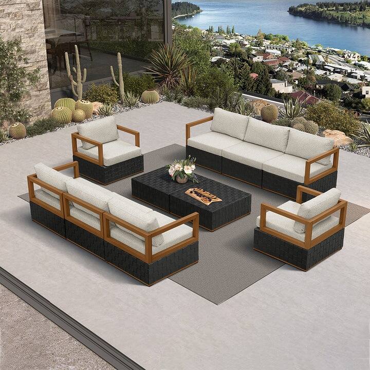 PURPLE LEAF GLFSF Enclosed Black sofa with white seat Outdoor Couch for Yard Porch Deck Patio Conversation Sets - 8seats+2 Tables - Enclosed