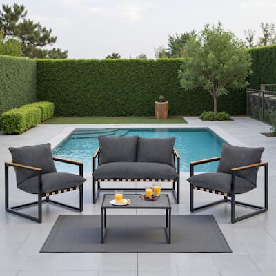 4 Piece All Weather Webbing Patio Conversation Set Outdoor Sofa Set with Washable Cushions and Chairs
