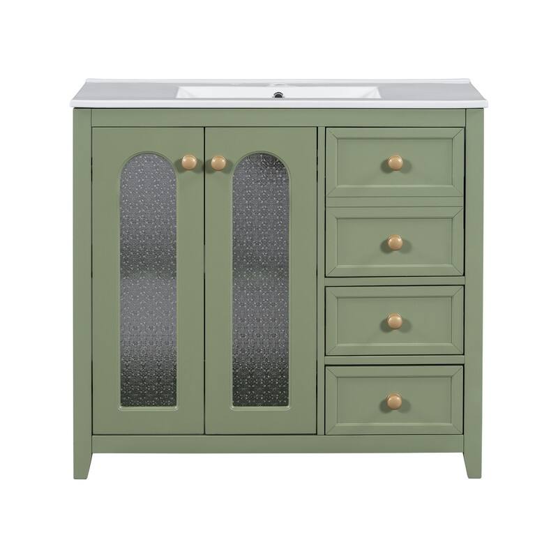 30''/36'' Bathroom Vanity with Sink, 3 Drawers Bathroom Storage Cabinet with Soft-Close Glass Door and Adjustable Shelf