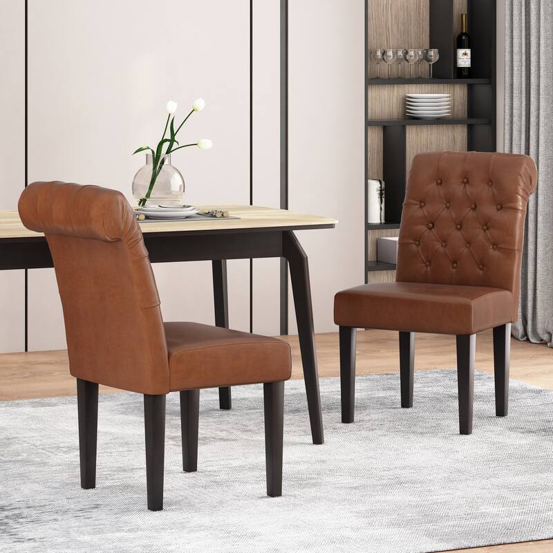 Set of 2 Dining Chairs, Tufted Accent Chairs Kitchen, Light Brown PU Leather Upholstered Dining Room Chair with Wooden Legs