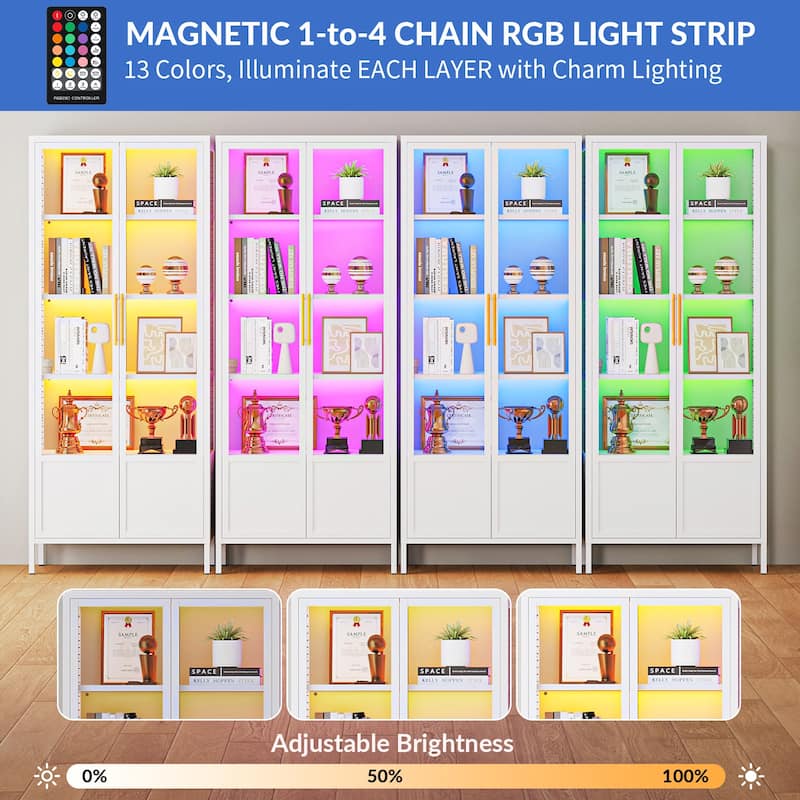 5-Tier Tempered Glass Curio Display Cabinet with Doors, Adjustable Shelves and 13 Color Lights - 67"H x 27.5"W x 13.8"D