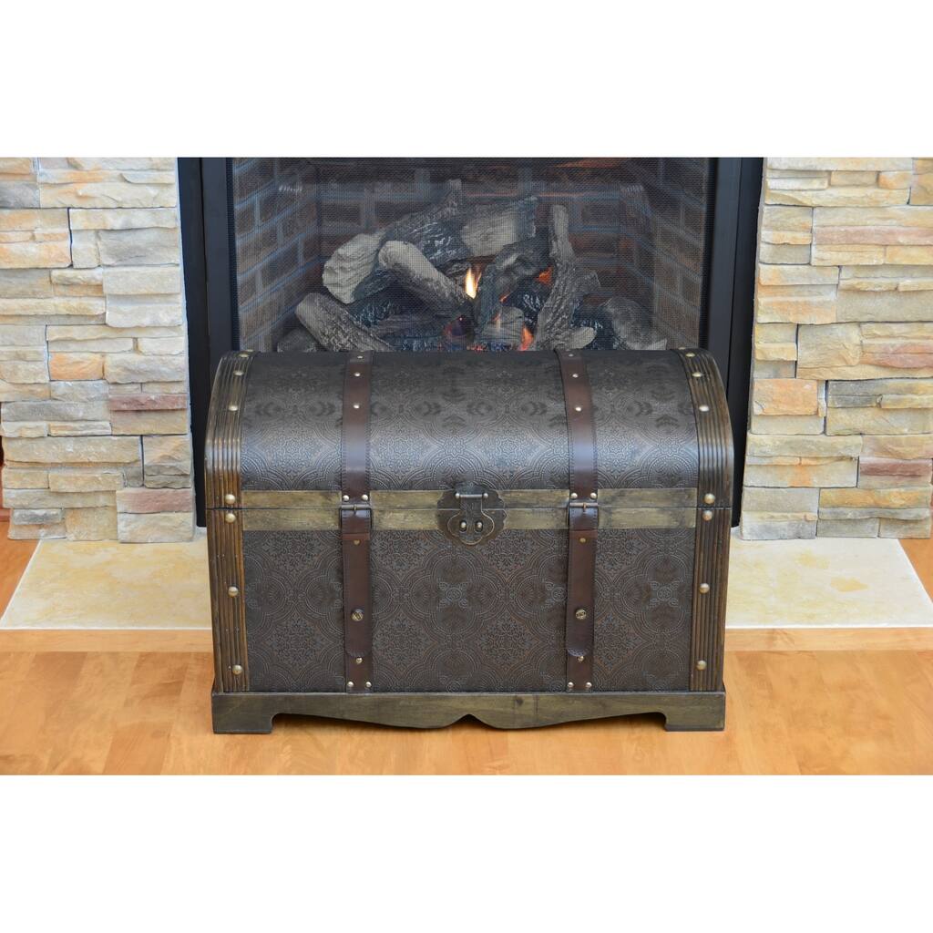 Antiqued Victorian Treasure Chest Wood Trunk - Round Top