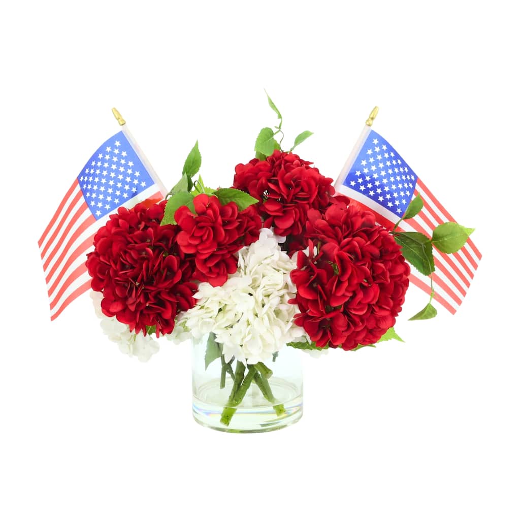 Patriotic Hydrangea Arrangement with Flags