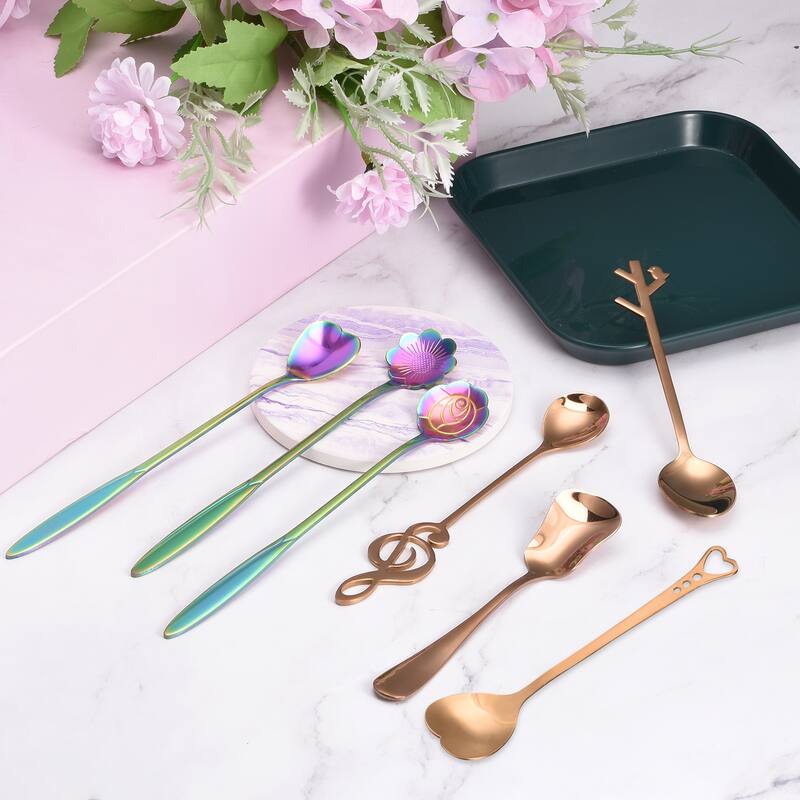 4Pcs 7" Stainless Steel Long Handle Flower Teaspoon Coffee Spoon, Colorful