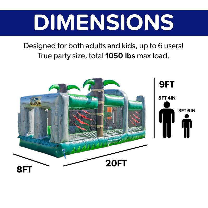 HeroKiddo T-Rex Adventure 20' Inflatable Obstacle Course, Commercial Grade PVC Vinyl, for Kids and Adults, with Air Blower