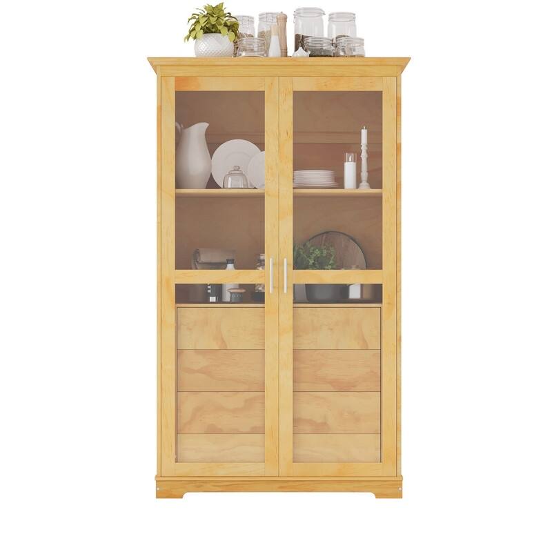 75" Tall Pine Wood Kitchen Pantry Cabinet with Glass Doors Four Drawers and Anti-Tipping Safety Features