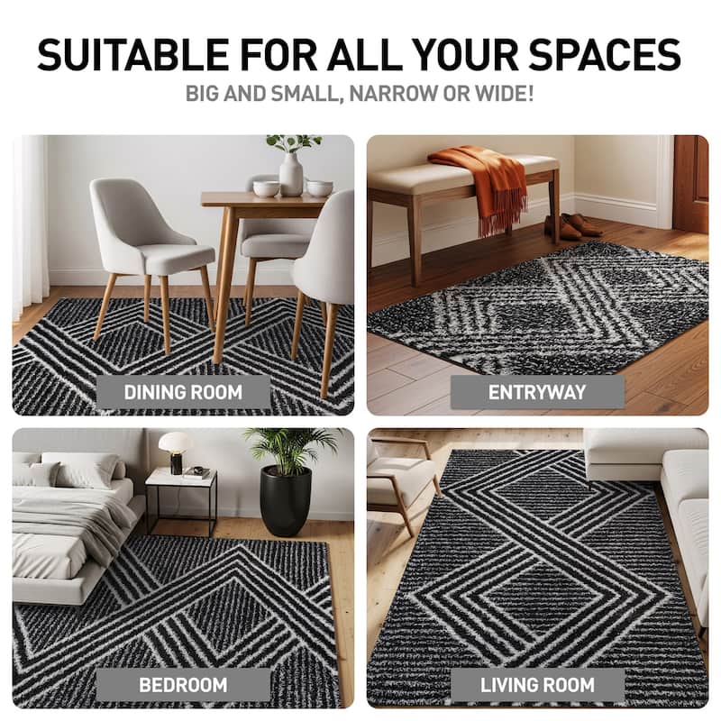 Abstract Geometric Shag Rug - Anthracite Dark Gray - Medium Pile Rug - Kid & Pet Friendly