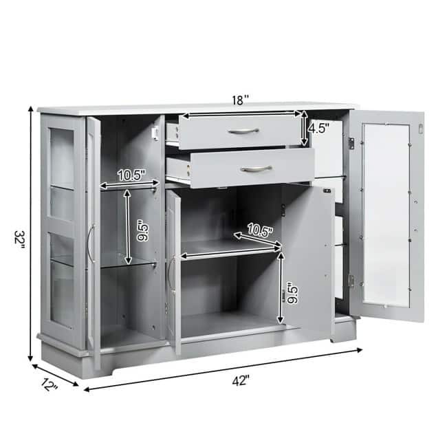 Wood Buffet Sideboard Cabinet with Glass Display Doors - 42 inches L x 11.5 inches W x 32 inches H