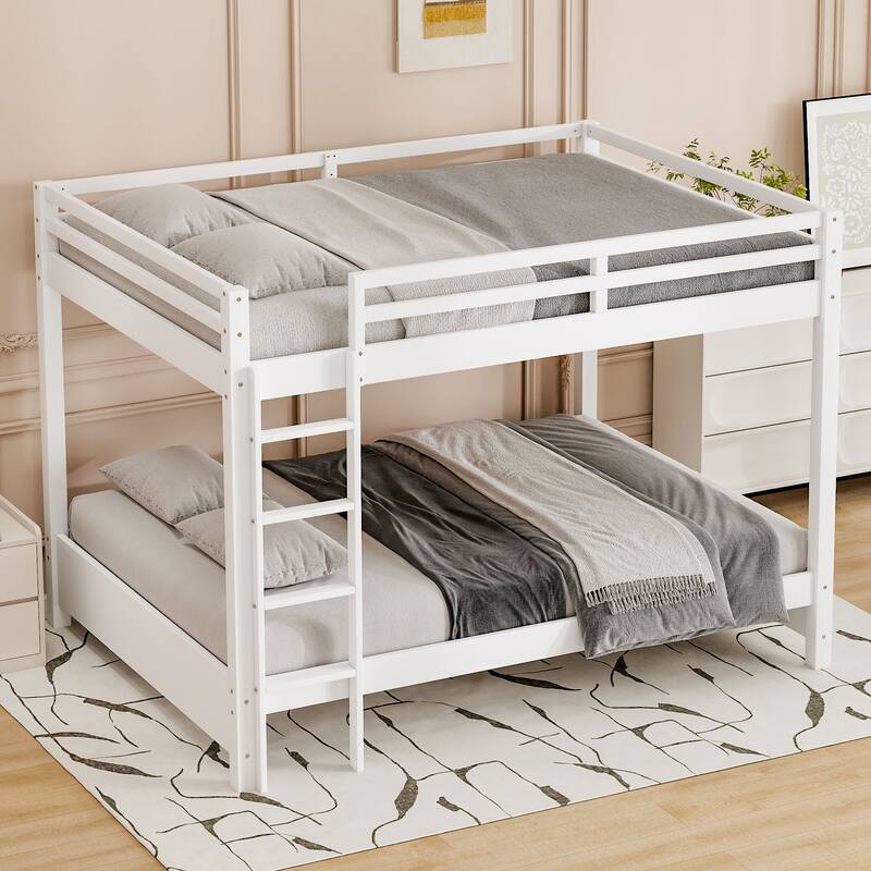 Queen Size White Wood Bunk Bed with Ladder, Space-Saving Design - White