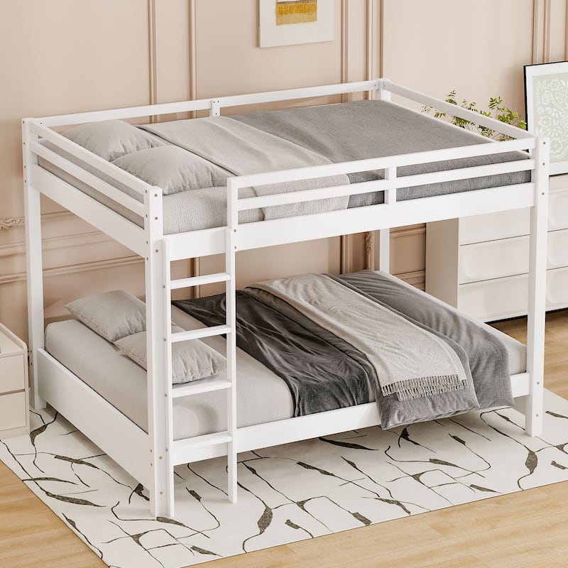 Wood Bunk Bed Queen Size China Concise Bunk Bed with Full Length Guardrail and 3 Step Ladder, Pine Wood Structure Bedframe - White - Queen