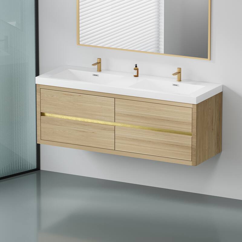 GDFStudio - Maxwell Floating Bathroom Vanity with Stone Resin Countertop & Soft-Close Drawers