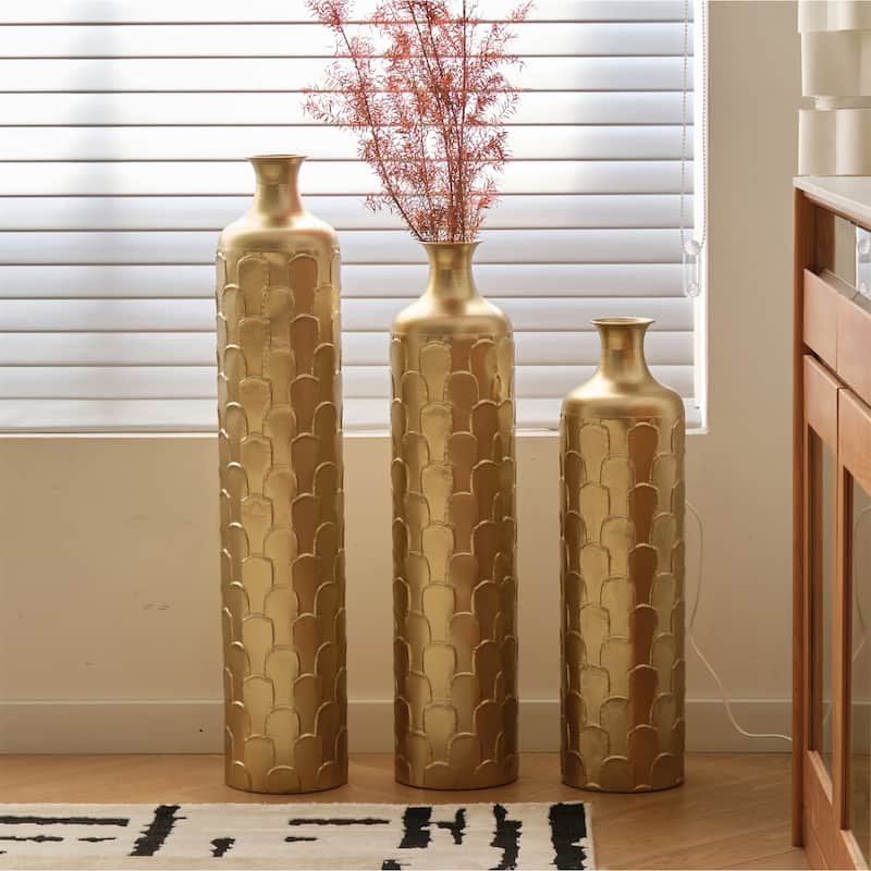 Decorated Floor Glazed Metal Vases (Set of 3)