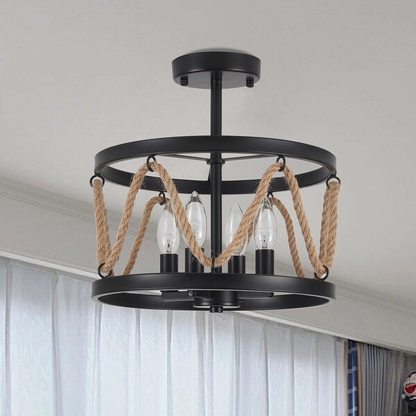 4 Light 12.6 Inch Wide Metal Ceiling Light Semi Flush Mount Light with Hemp Rope N A On Sale Bed Bath Beyond 41680880