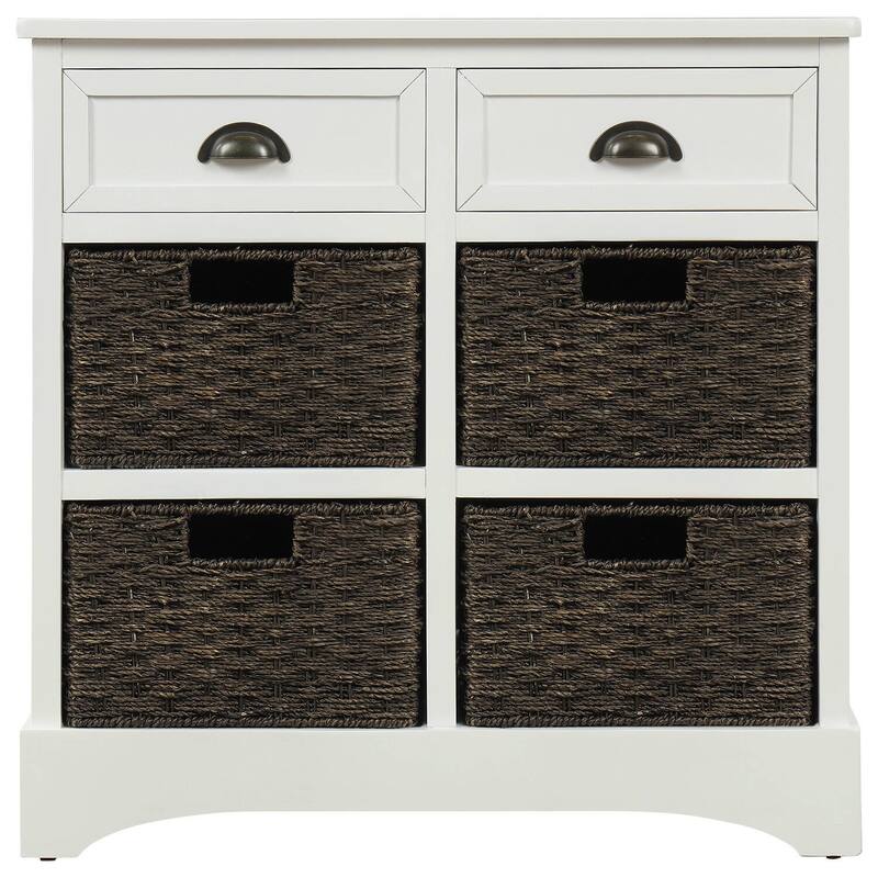 Rustic Storage Cabinet with Two Drawers and Four Classic Rattan Basket