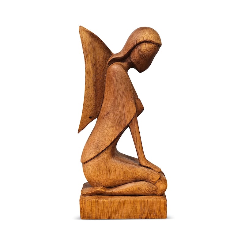 12" Wooden Handmade Abstract Sculpture Statue Handcrafted "Kneeling Angel" Gift Home Decor Figurine Accent Artwork Hand Carved - Brown