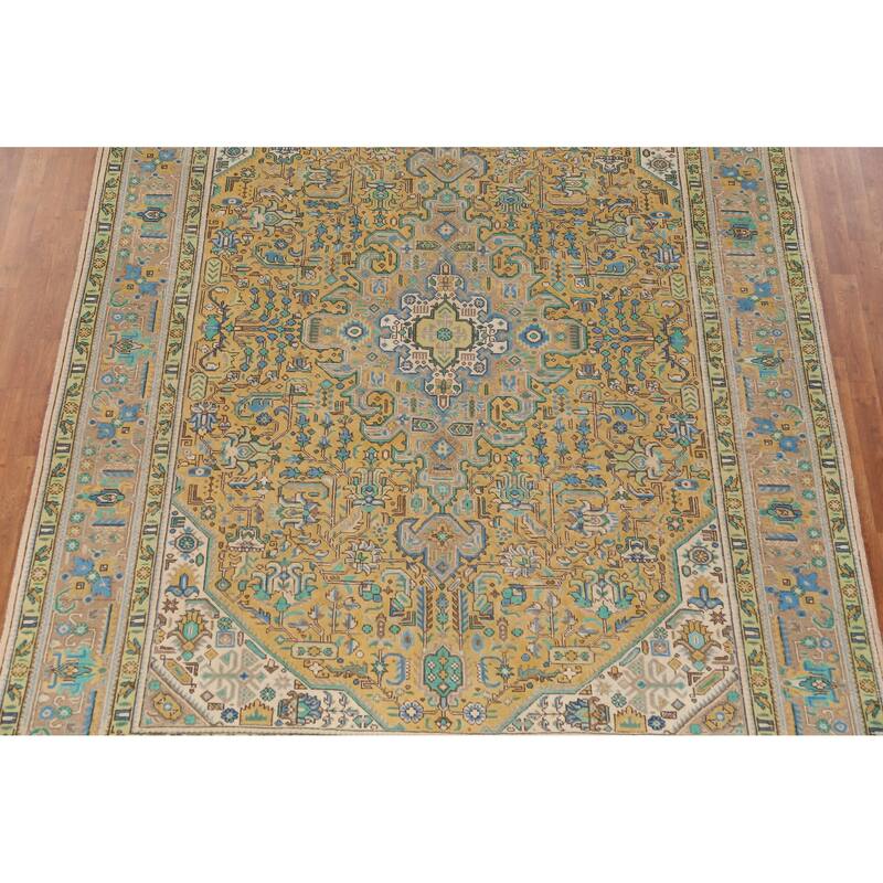 Hand Knotted Oriental 100% Wool Carpet Traditional Medallion Yellow & Gold Tabriz Area Rug - 11' 5'' X 8' 1''