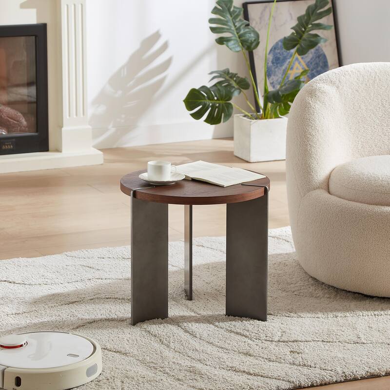 Round Coffee Table with Walnut Wood Surface and Black Metal Feet - Brown